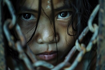 Poster - A person is standing behind a chain link fence, the metal mesh creating a barrier between them and the outside world