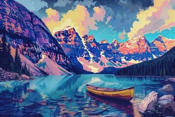 Poster - A serene scene of a boat gliding on a calm lake, surrounded by majestic mountains