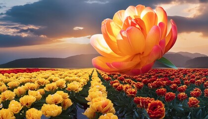 peony tulip flower of bright yellow orange and red color