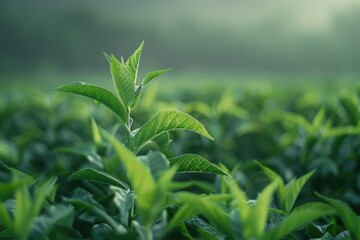 Wall Mural - A serene scene of lush green leaves set against a misty backdrop