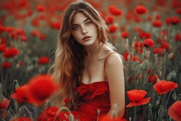 Wall Mural - A woman wearing a bright red dress stands amidst a vibrant field of poppies