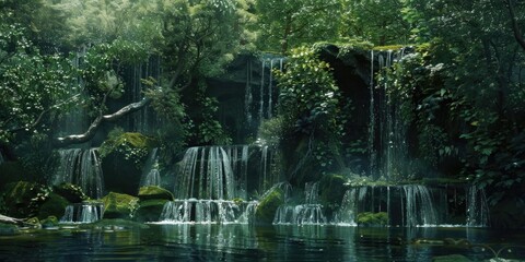 Poster - A serene waterfall surrounded by lush greenery