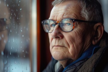 Wall Mural - A person with glasses gazing out the window, possibly thinking or daydreaming