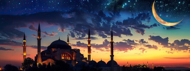 Wall Mural - Islamic square format image. Hagia Sophia with crescent moon. Islamic new year or ramadan concept image - generative ai