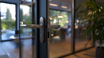 Poster - A close-up shot of a door handle on a glass door, suitable for use in interior design or architectural contexts