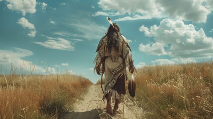 Poster - A lone Native American walks down a dusty dirt road, surrounded by nature