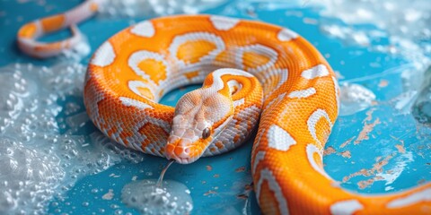 Poster - A close-up shot of a snake on a blue background, ideal for use in science or nature-themed illustrations