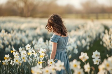 Wall Mural - A woman standing among white and yellow flowers