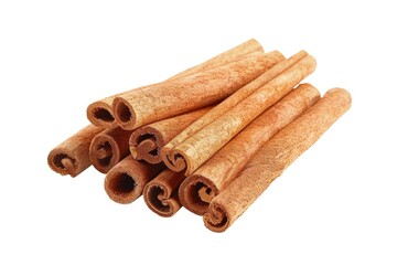 Poster - A close-up photo of a pile of cinnamon sticks on a white surface, great for use in recipes or as a decorative element