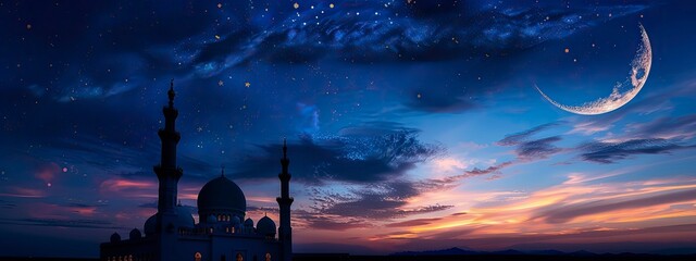 Wall Mural - Mosques Dome on dark blue twilight sky and Crescent Moon on background, religion Ramadan and free space for text arabic, Eid al-Adha, Eid al-fitr, Mubarak, Islamic new year Muharram - generative ai