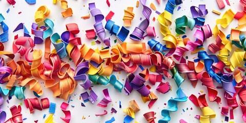 Poster - A bundle of colorful paper streamers on a white surface, ideal for decoration or party themes