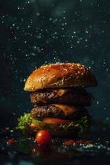 Poster - A juicy hamburger topped with fresh lettuce, sliced tomato, and melted cheese