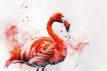 Poster - A single flamingo standing on a white surface with watercolor splashes, great for designs and illustrations