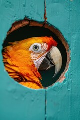 Aufkleber - A colorful parrot peers out of a hole, ready to explore its surroundings