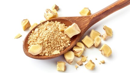 Poster - A wooden spoon filled with brown sugar next to pieces of ginger, great for baking or cooking