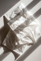Aufkleber - A collection of plastic bags stacked on a table, useful for background or still life photography