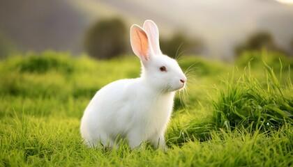 Wall Mural - white rabbit sitting in grass