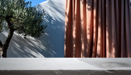 Wall Mural - white concrete empty table organic curtain and olive tree shadow on cement wall summer exterior scene for product placement mockup neutral minimal aesthetic