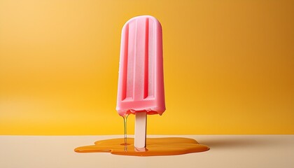 Wall Mural - 3d render of one pink stick ice cream melting on pastel yellow background minimal summer concept