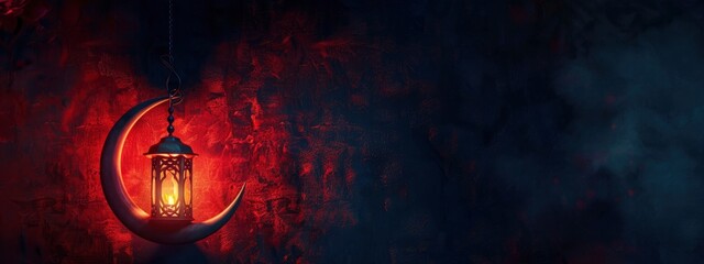 Ramadan Mubarak background red lantern lamp with crescent moon shape on the background, copy space - generative ai