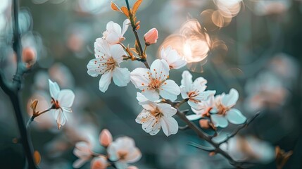 Wall Mural - A close up of a branch with white flowers. The flowers are in full bloom and the branch is covered in them. The image has a serene and peaceful mood, as the flowers are delicate and beautiful