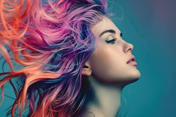 Poster - A person with vibrant hair coloring looks upwards in contemplation