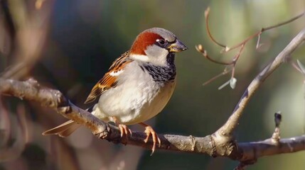 Aufkleber - A small bird is perched on a tree branch, with leaves and branches visible in the background