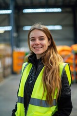 Poster - A woman in a yellow vest stands in a warehouse, providing information about storage and logistics