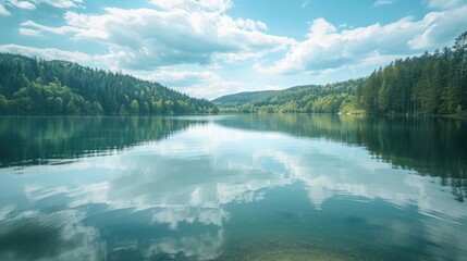 Aufkleber - A serene lake surrounded by trees and clouds, perfect for use in nature-inspired designs or as a calming background