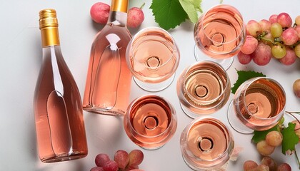 Sticker - many glasses of rose wine and bottle sparkling pink wine top view light alcohol drink for party