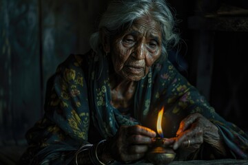 Poster - A senior woman holds a lit candle in her hands, possibly for warmth or lighting