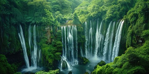 Poster - A serene waterfall surrounded by dense foliage and vibrant greenery