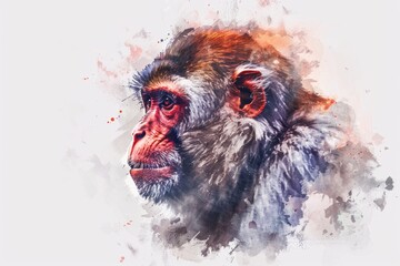 Poster - Watercolor illustration of a monkey's face with expressive features, suitable for use in children's books or as a decorative element