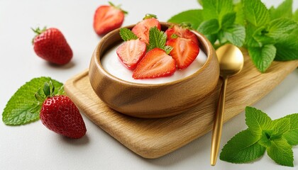 Canvas Print - natural yogurt with granola and strawberries in a wooden bowl on a light background with fresh berries