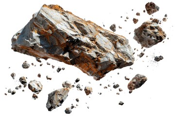 Poster - A collection of rocks and gravel scattered across a white surface, ideal for use in designs related to nature, texture, or abstract art