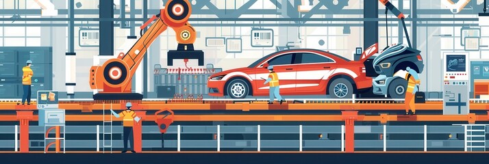 Wall Mural - An illustration depicting a modern car assembly line with workers and robots working together to build cars. Generative AI