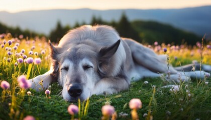 tired big dog with grey fur resting on bloomy meadow at nature