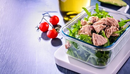 Wall Mural - tuna arugula salad prepared ahead and packed in a glass lunch box