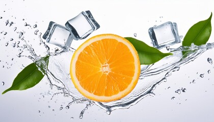 Poster - one levitating orange slice with leaves ice cubes and water splash on a white isolated background