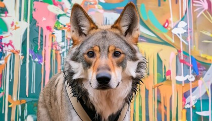 Wall Mural - vibrant pop art wolf executed in rich colors with dripping paint and graffiti elements