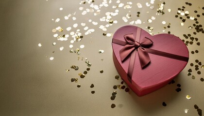 Wall Mural - banner with red gift box in a heart shape and confetti on a golden background