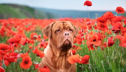 Wall Mural - dogue de bordeaux french mastiff in poppies flowers