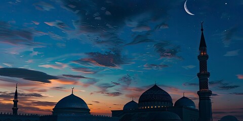 Wall Mural - Mosques Dome on dark blue twilight sky and Crescent on background, Ramadan and free space for text arabic, Eid al-Adha, Eid al-fitr, Mubarak, Islamic new year Muharram, copy space - generative ai