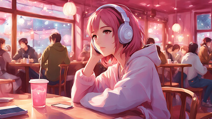 Anime girl with pink hair wearing headphones and drinking coffee in a cafe.