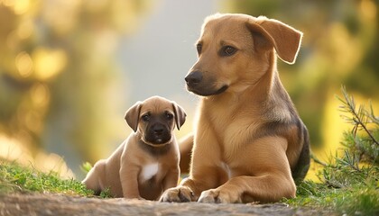 Poster - portrait of a puppy by a large breedless dog in daylight