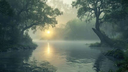 Wall Mural - a forest with a river and a tree with a hole in it. the sky is cloudy and the sun is setting