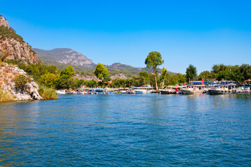 Sticker - Boats at Dalyan river in Dalyan town, Turkey