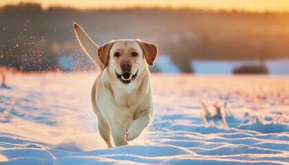 Poster - labrador retriever dog running on the snowy field in winter horizontal banner