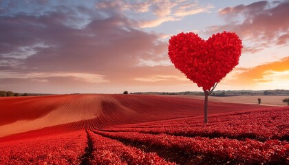 Wall Mural - heart shaped red tree on the red field