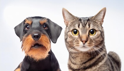 Wall Mural - portrait of a dog of breed jagdterrier and cat scottish straight closeup isolated on white background